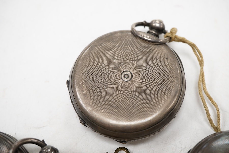 A Victorian silver open faced pocket watch by John Pill, London, two white metal fob watches and a Swiss 935 standard hunter pocket watch